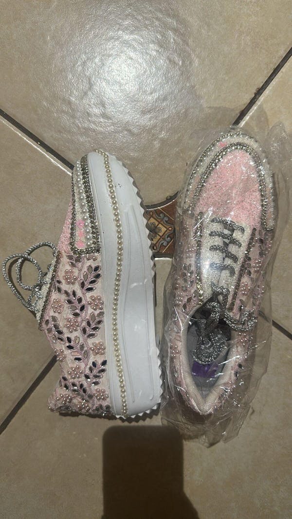 FUNKY N TRENDY floral theme hand work sneakers for brides / bridesmaids/ pink sneakers / mirror sneakers / pink shoes / pink and silver sneakers