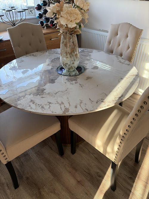 Marcio White Marble-effect Ceramic Top & Wooden Base Round Dining Table - 120cm