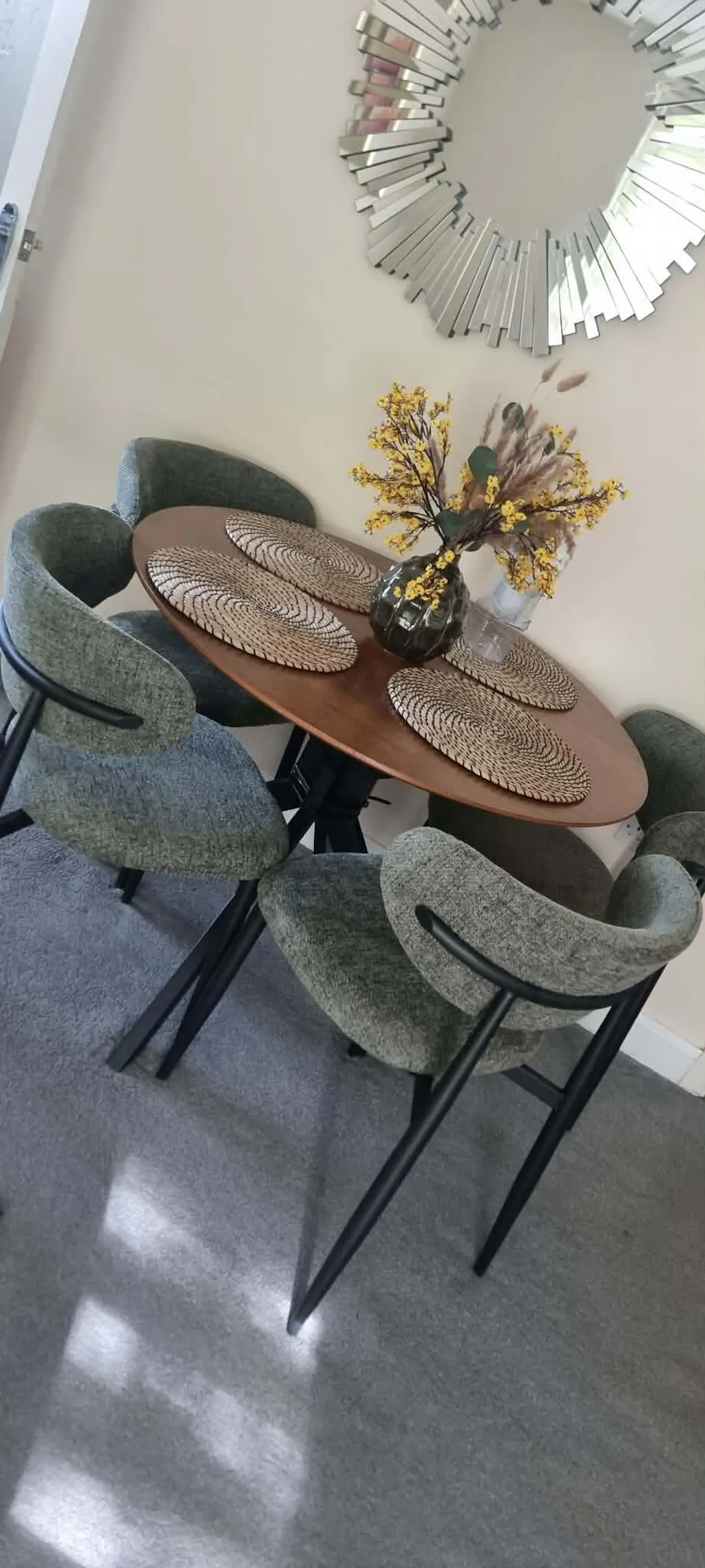 Almos Set of 4 Black Metal Frame and Olive Green Textured Weave Fabric Dining Chairs