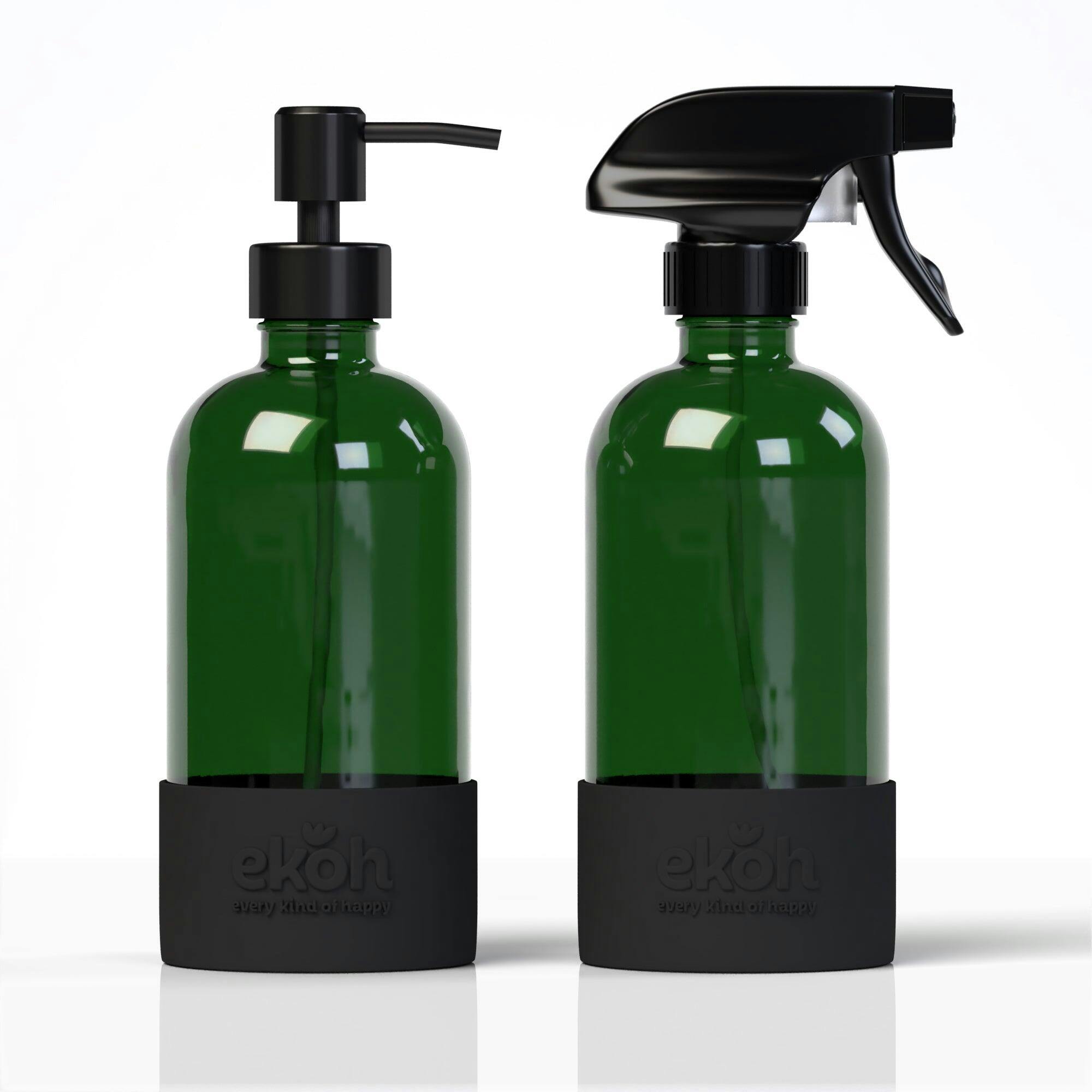 Green Glass Pump & Spray Reusable Refillable 500ml Bottles - 2 Pack