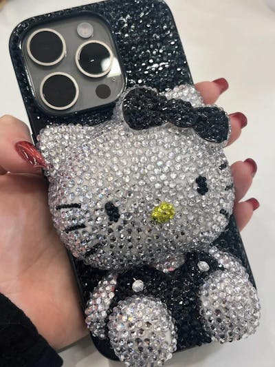 Handcrafted Rhinestone White Hello Kitty Black Phone Case with Chain