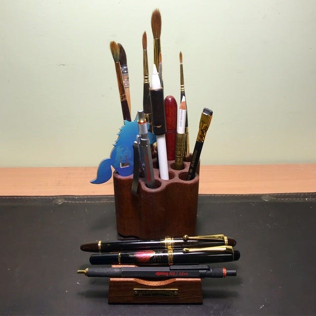 Pen Holder - Leather & Oak Wood - BC - Nude - Smooth Leather