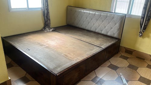 Decan Solid Sheesham Wood Bed with Hydraulic Storage and Upholstery Headboard - 3 Years Warranty