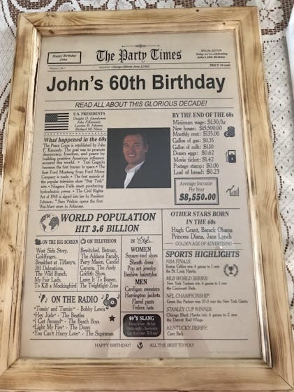 70th Birthday Newspaper Gift Keepsake Poster for Him or Her 