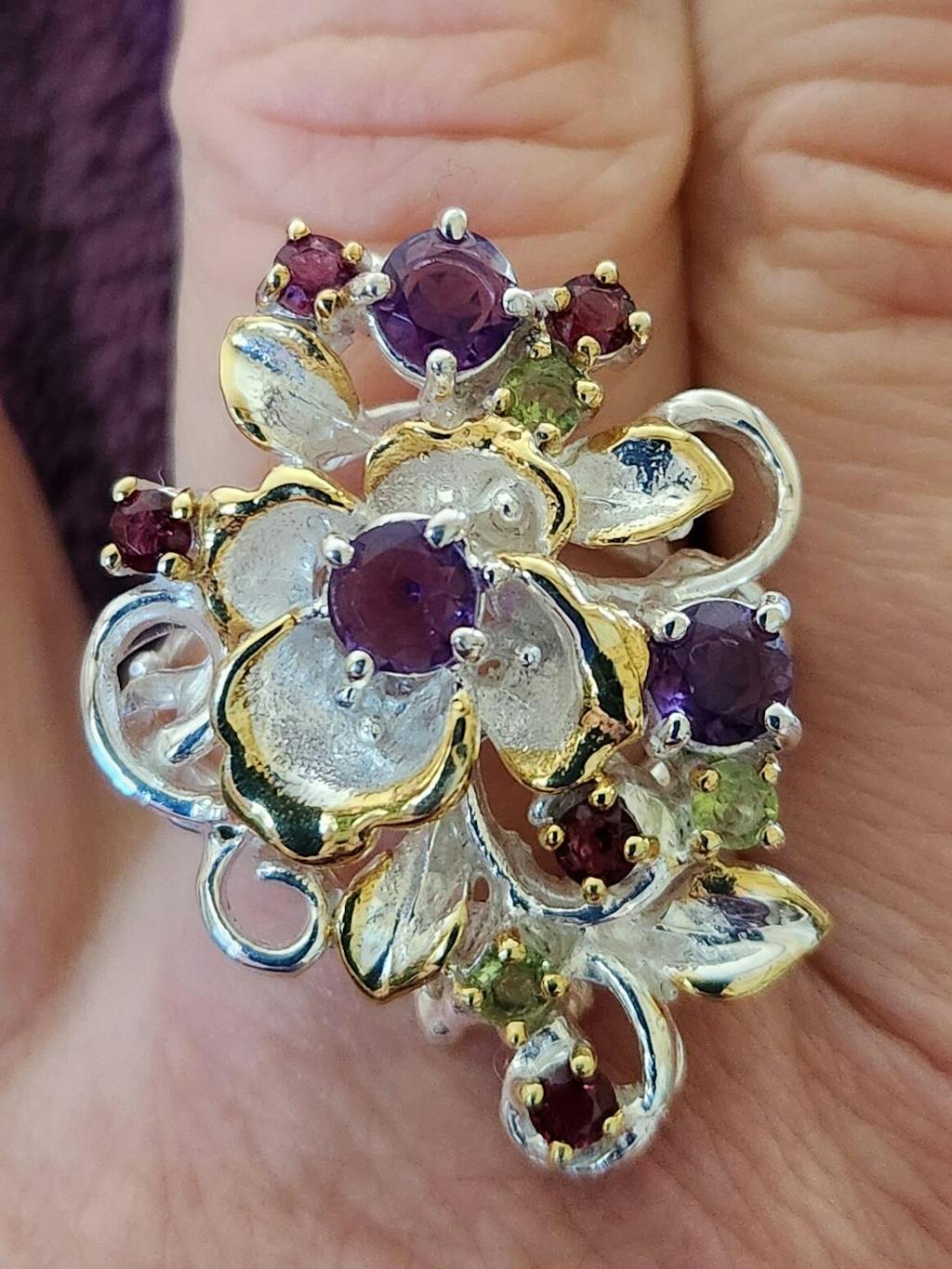 925 Sterling Silver Red Garnet Statement Flower Ring