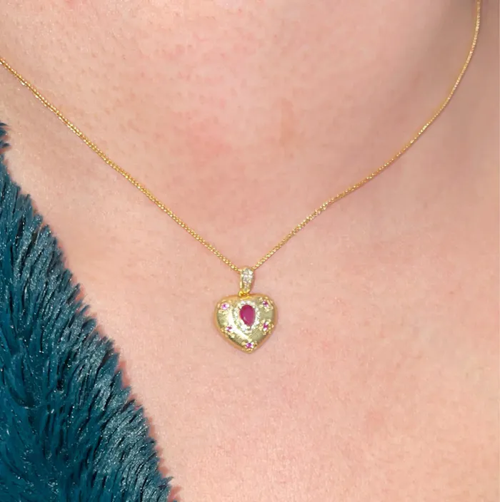 Customer photo of ruby heart necklace worn in real life