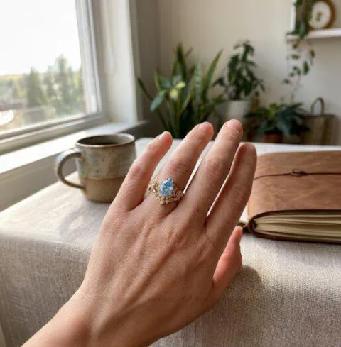 Pear Cut Lab Grown Blue Diamond Moon And Flower Inspired Bridal Ring Set