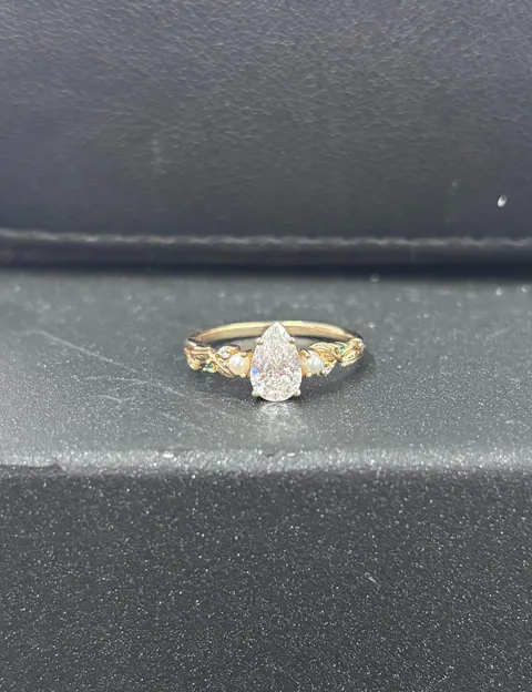 Pear Cut Lab Grown Diamond Leaf Engagement Ring With Pearl And Emerald - Addison | GemsMagic
