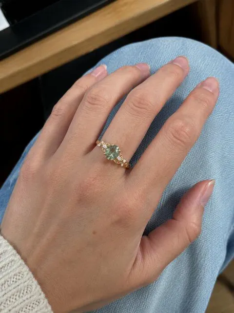 Oval Cut Green Sapphire Leaf Claws Nature Inspired Engagement Ring - Karen
