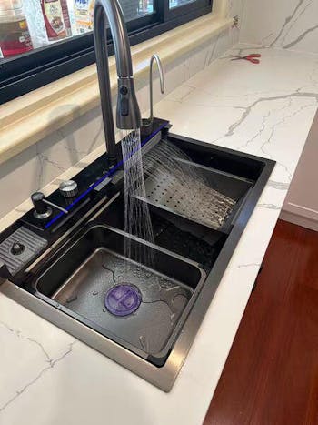 Gleton | Workstation Kitchen Sink Kit - Dual Waterfall Faucets, Digital Temperature Display & Ambient Lighting - GLS2408