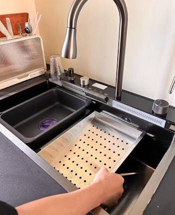 Gleton | Workstation Kitchen Sink Kit - Dual Waterfall Faucets, Digital Temperature Display & Ambient Lighting - GLS2408