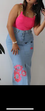Winking Beauty Denim Hand Painted Denim Skirt