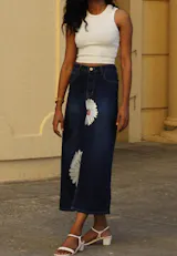 Daisy Dream Denim Front Cut Skirt Hand Painted