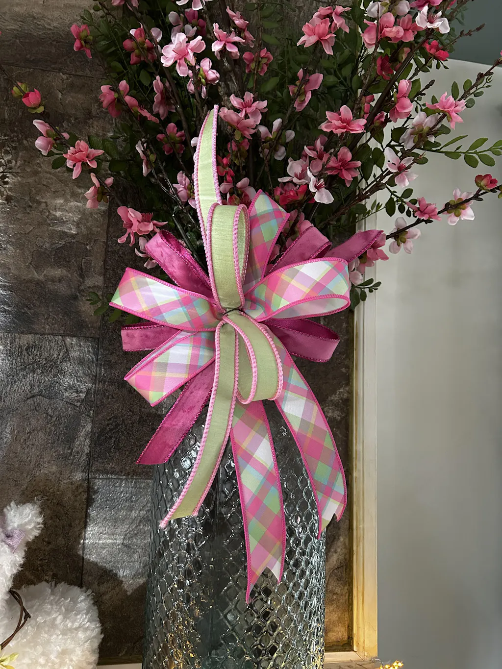 d. stevens Pink, Green, & White Spring Plaid Diagonal Poplin Wired Ribbon - 1.5"