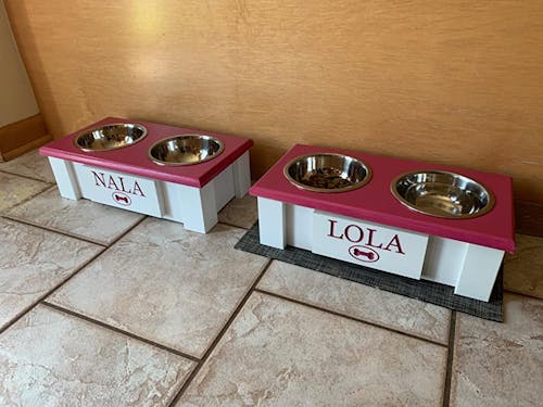 GrooveThis Woodshop Personalized 3 Bowl Elevated Dog Feeder Station with Internal Storage, Grey, Large