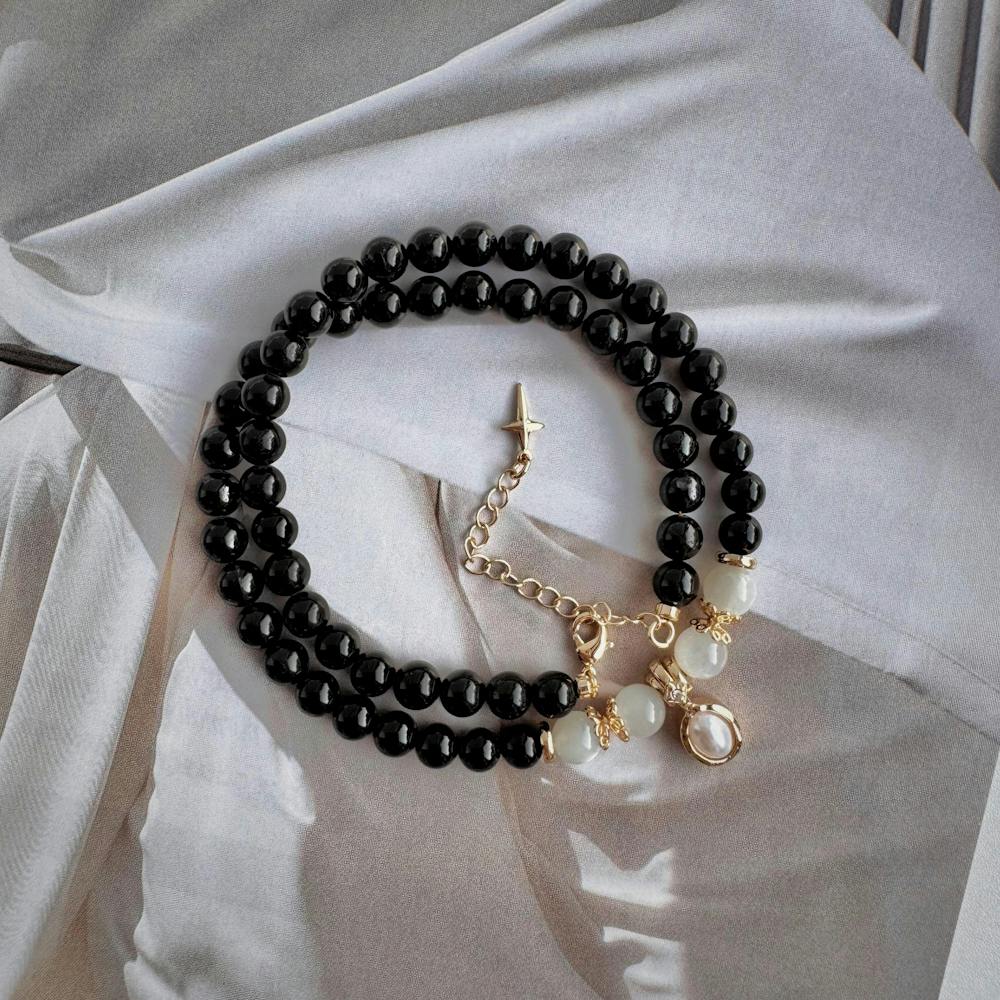 Black Onyx Moonstone Gold Necklace – Grounding & Serenity