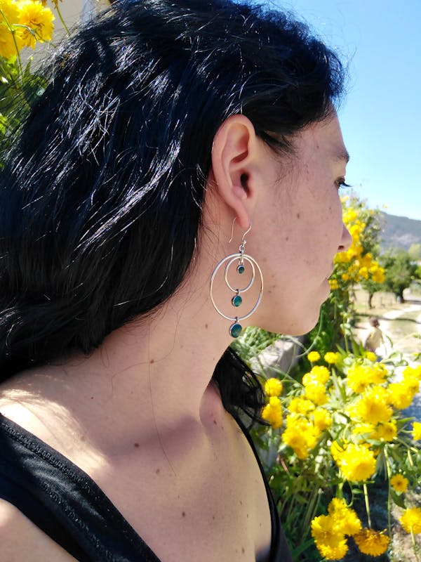 Chrysocolla and silver 950 triple stone earrings