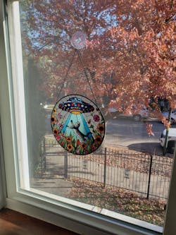 UFO Abduction tabby cat Wildflowers Glass Hanigng- Funny Gifts for Women, Window Hanging, Indoor Decor, tabby cat mom gift