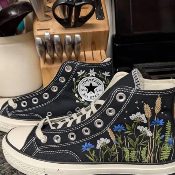 Cornflowers Wheat Embroidered Converse, Custom Spring Meadown Hand Embroidered Sneakers