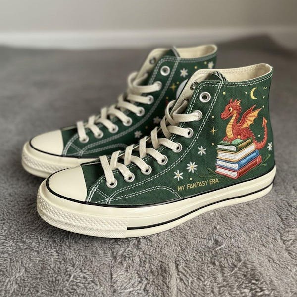 Dragon Book Embroidered Converse High Tops, Fantasy Book Lovers Converse Chuck Taylor 1970s