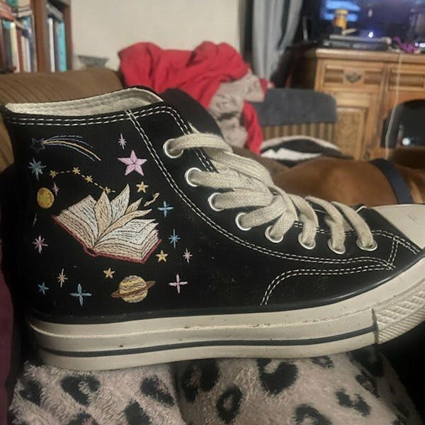 Open Book Embroidered Converse High Tops, Planets and Book Lover Hand Embroidery Sneakers