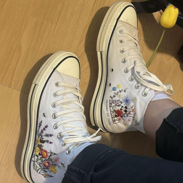 Mickey Minnie Wedding Embroidered Converse, Just Married Disney Cartoon Character Embroidery Converse High Tops for Bride