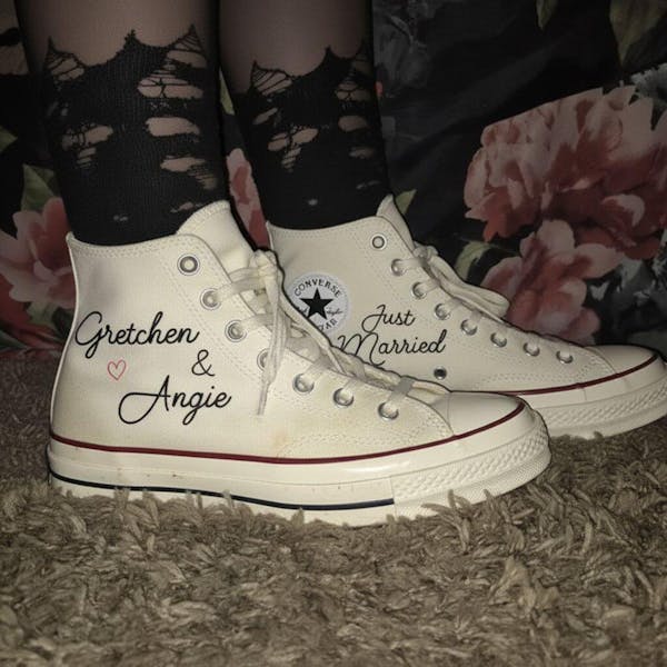 Hand Embroidery Wedding Converse Chuck Taylor 1970s, Custom Couple Name Embroidered Wedding Reception Shoes
