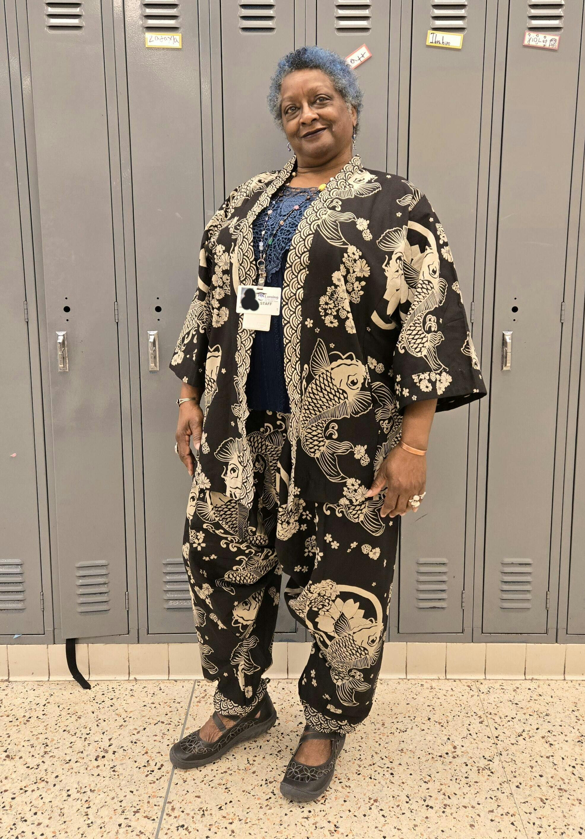 Plus Size Hill Tribe Koi Fish Print Women's Harem Pants in Black