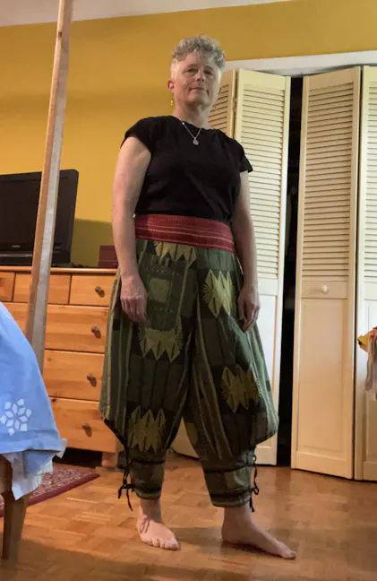 Thai Hill Tribe Fabric Women's Harem Pants with Ankle Straps in Olive