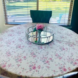 White Round Cotton Tablecloth With Pink Roses Pattern And Lace Edging | Festive Kitchen Textile Set, Home Decor, Housewarming Present Idea