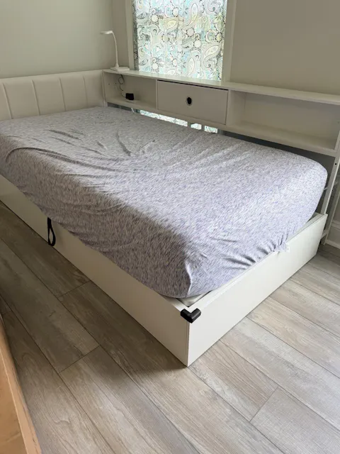 Hasuit | Corner Lift Up Storage Bed Frame with Charging Station & LED Lights Day Bed with Upholstered Headboard and Bookcase for Kids Teens Guests White