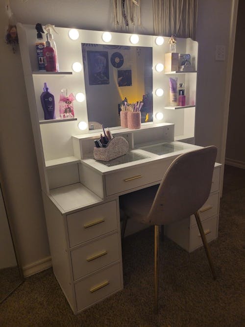 Glass Top Makeup Vanity White