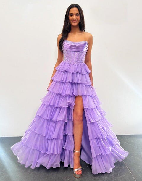 Sparkly A-Line Long Prom Dresses Strapless Corset Ruffles Evening Gowns HE017