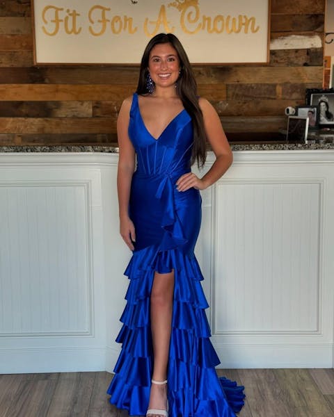 Satin Ruffles Mermaid Prom Dresses Long with Slit Sexy V Neck Evening Dresses HE006