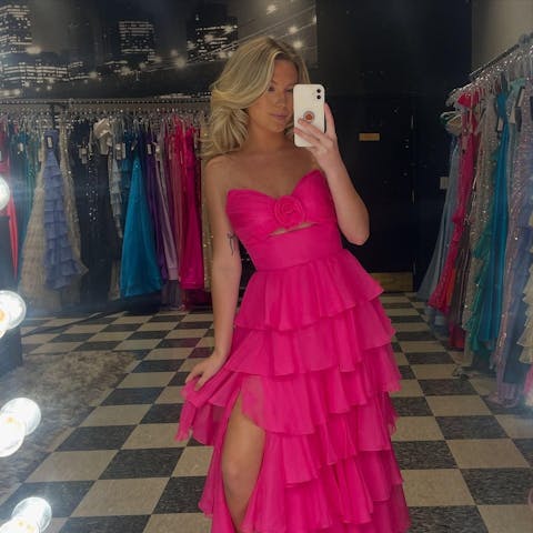 A Line Chiffon Prom Dresses for Women Strapless Tiere Ruffled Evening Party Dresses HE001