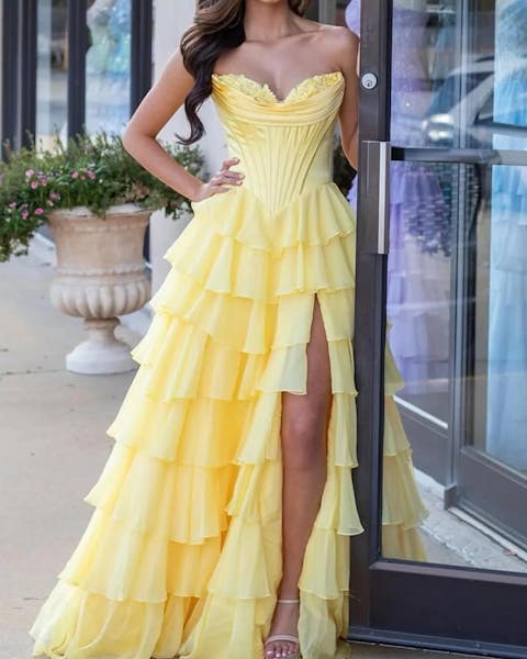 Sweetheart Prom Dresses Long for Women Chiffon Appliques Ruffles Party Dresses HE002