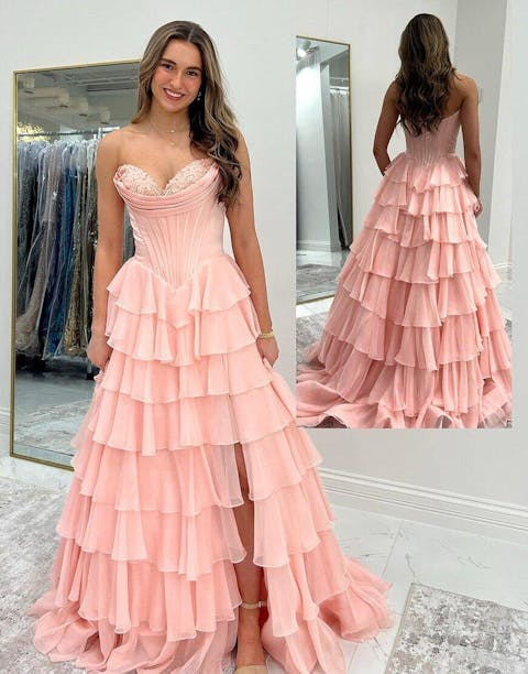 Sweetheart Prom Dresses Long for Women Chiffon Appliques Ruffles Party Dresses HE002