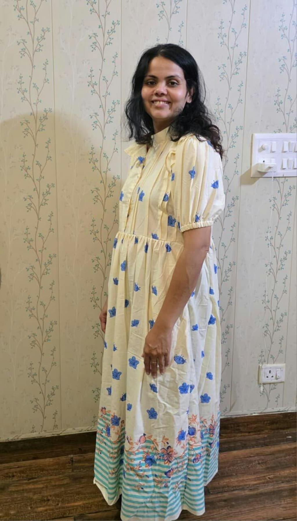 Off-White Hand Block Print Cotton Dress (green)