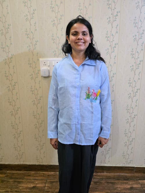 Blue Cotton Linen Shirt with Flamingo Embroidery