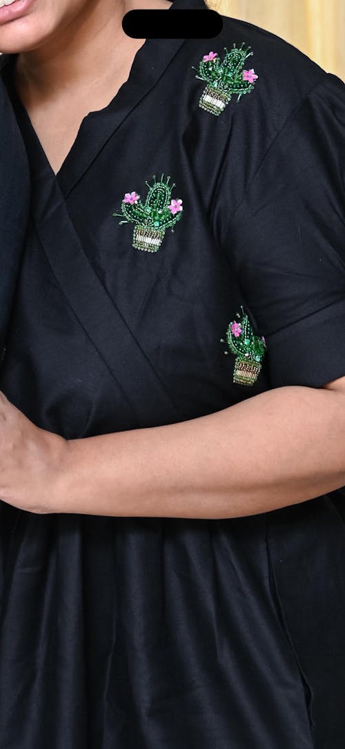 Black Cotton Dress with Cacti Embroidery