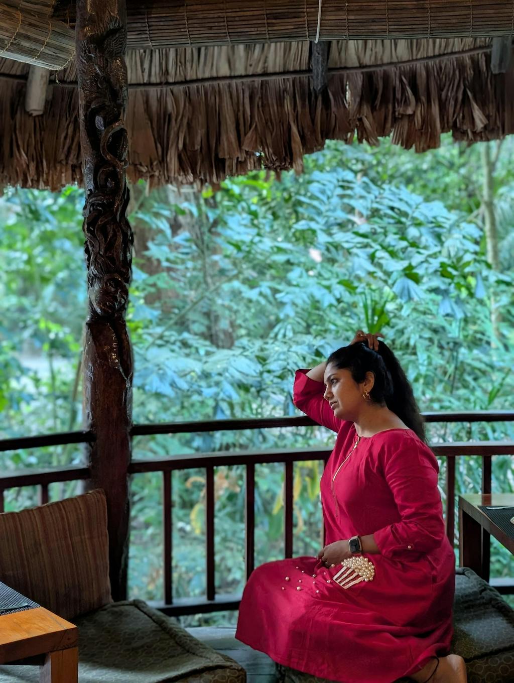 Red Twill Cotton Dress with Popcorn Pearl Embroidery