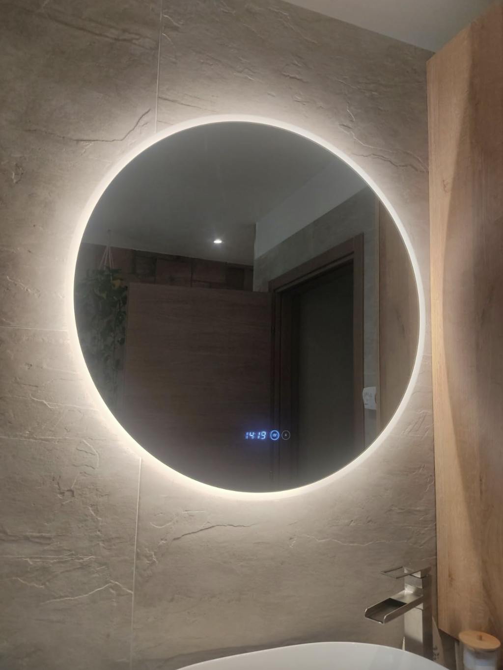 ANTIBESCHLAG und DIGITAL UHR, LED Rundspiegel mit Spiegelheizung + Lichtwechsel