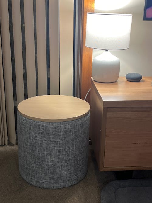 Round Storage Ottoman Side Table 40cm - Grey Linen