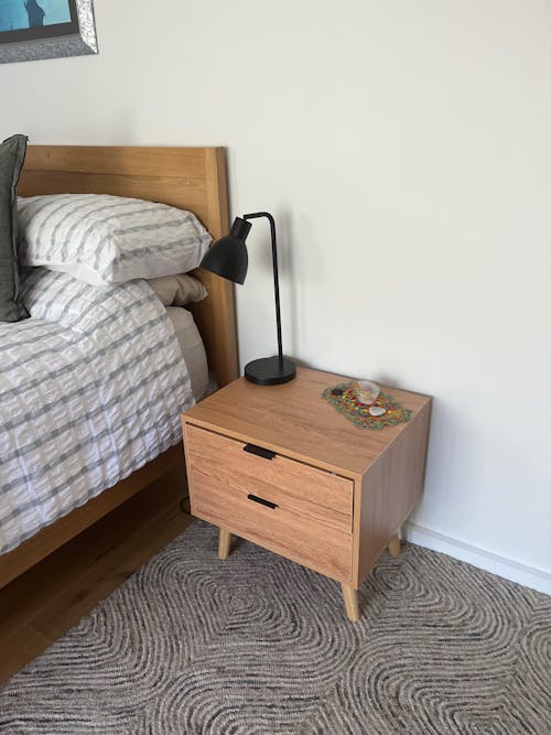 Scandinavian Style Bed Side Table Nightstand with 2 Drawers - Pine