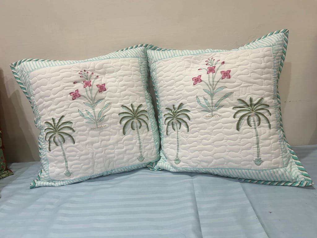 Ombre Tulip - Hand Block Print Quilted Cushion Cover (Green)