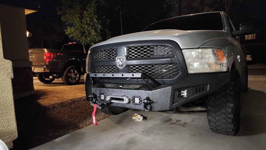 Hooke Road Full Width Front Bumper w/ Winch Plate &  LED Spotlights(13-18 Dodge Ram 1500, Excluding Rebel)