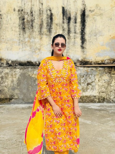 Brown Cotton Printed Anarkali with Attached Jacket Detailing with Pants and Dupatta