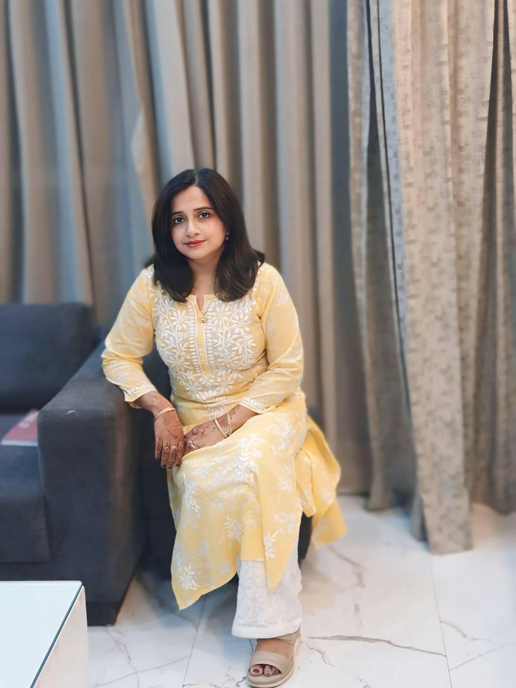 HOC Zainab Chikankari Mulmul Printed Straight Kurta -Yellow