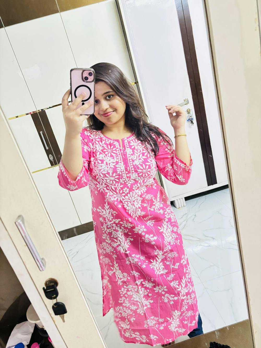 HOC Zainab Chikankari Mulmul Printed Straight Kurta -Pink