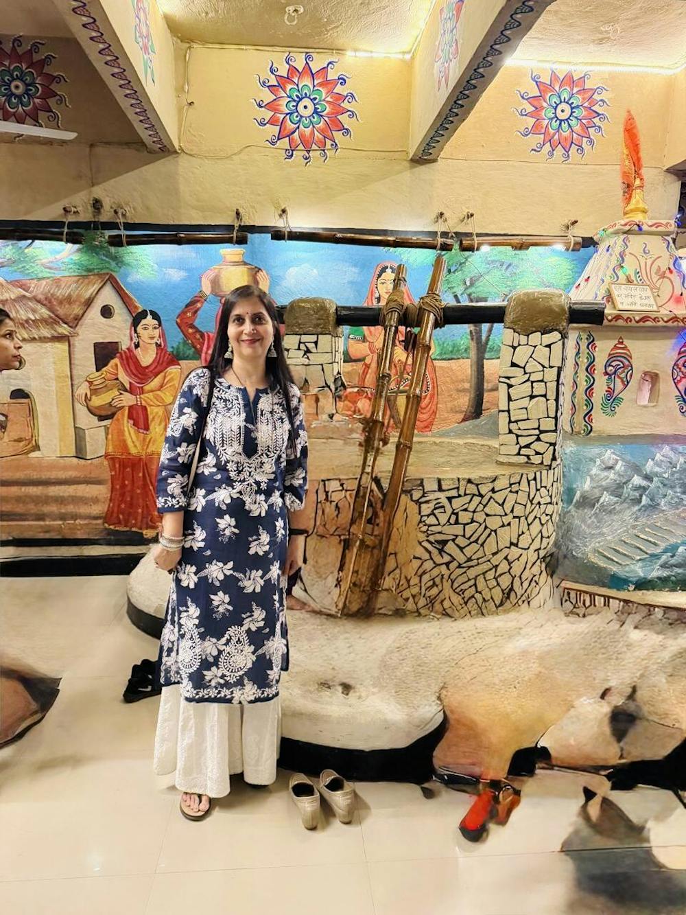 HOC Tamara Mulmul Chikankari Printed Women's Straight Kurta - Navy Blue